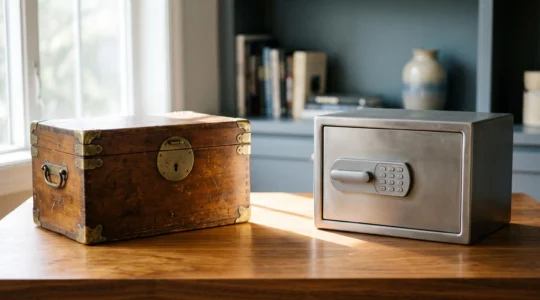 Symbole du choix entre un ancien contrat retraite et un nouveau plan epargne retraite, coffret ancien face a un coffre moderne