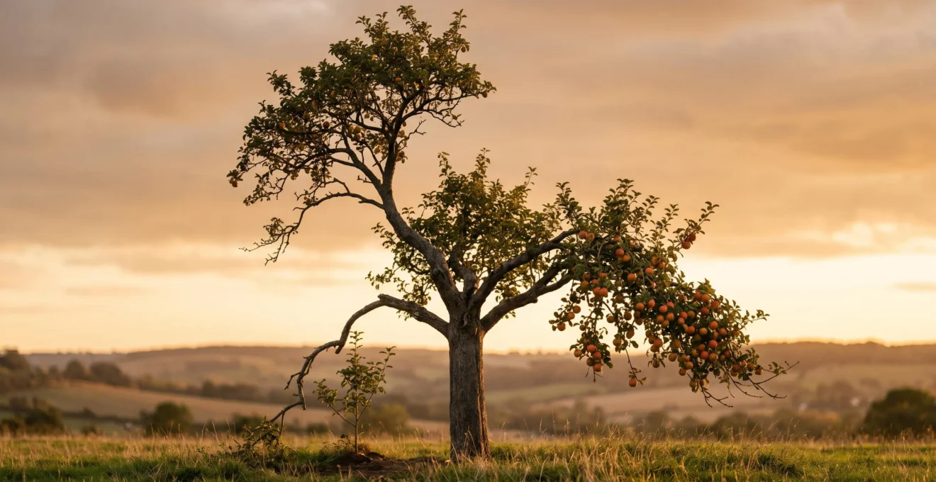 Illustration symbolique d'un arbre unique aux racines profondes dont les branches portent des fruits et un jeune plant, représentant l'épargne, la croissance et la transmission via un seul contrat d'assurance-vie