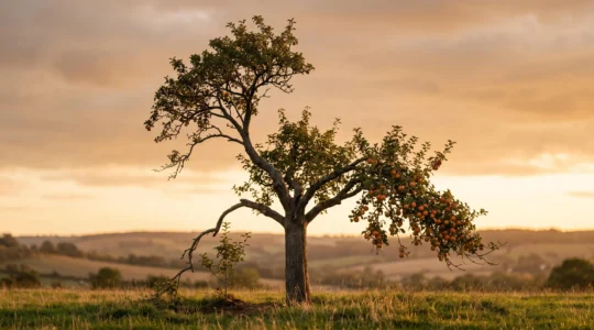 Illustration symbolique d'un arbre unique aux racines profondes dont les branches portent des fruits et un jeune plant, représentant l'épargne, la croissance et la transmission via un seul contrat d'assurance-vie