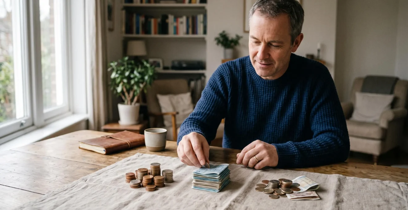 Une personne assise à une table en bois calmement en train d'organiser des piles de pièces et billets pour visualiser sa capacité d'épargne réelle