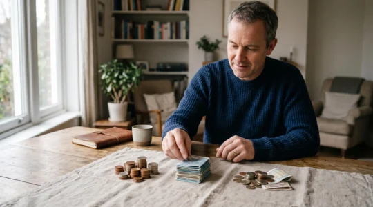 Une personne assise à une table en bois calmement en train d'organiser des piles de pièces et billets pour visualiser sa capacité d'épargne réelle