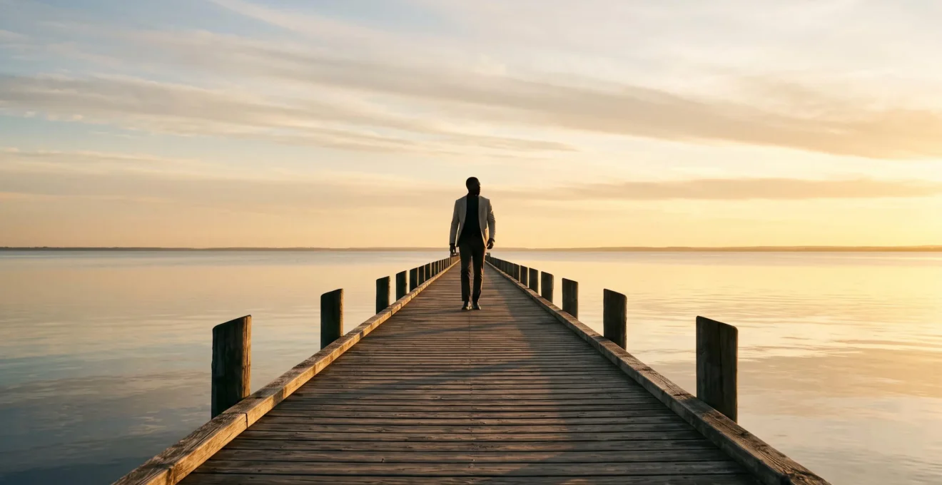Silhouette d'un professionnel avançant sur un long ponton en bois vers un horizon doré, symbolisant une carrière de 40 ans construite pas à pas vers la retraite