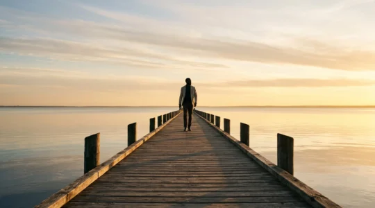 Silhouette d'un professionnel avançant sur un long ponton en bois vers un horizon doré, symbolisant une carrière de 40 ans construite pas à pas vers la retraite
