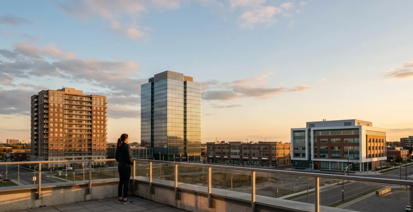 Quatre types de batiments symbolisant les choix d'investissement immobilier : residentiel, bureaux, commerces et sante