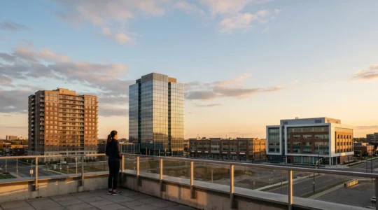 Quatre types de batiments symbolisant les choix d'investissement immobilier : residentiel, bureaux, commerces et sante