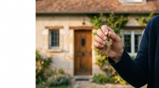 Main tenant une clé de maison face à une façade résidentielle, symbolisant l'accession à la propriété grâce à l'apport personnel