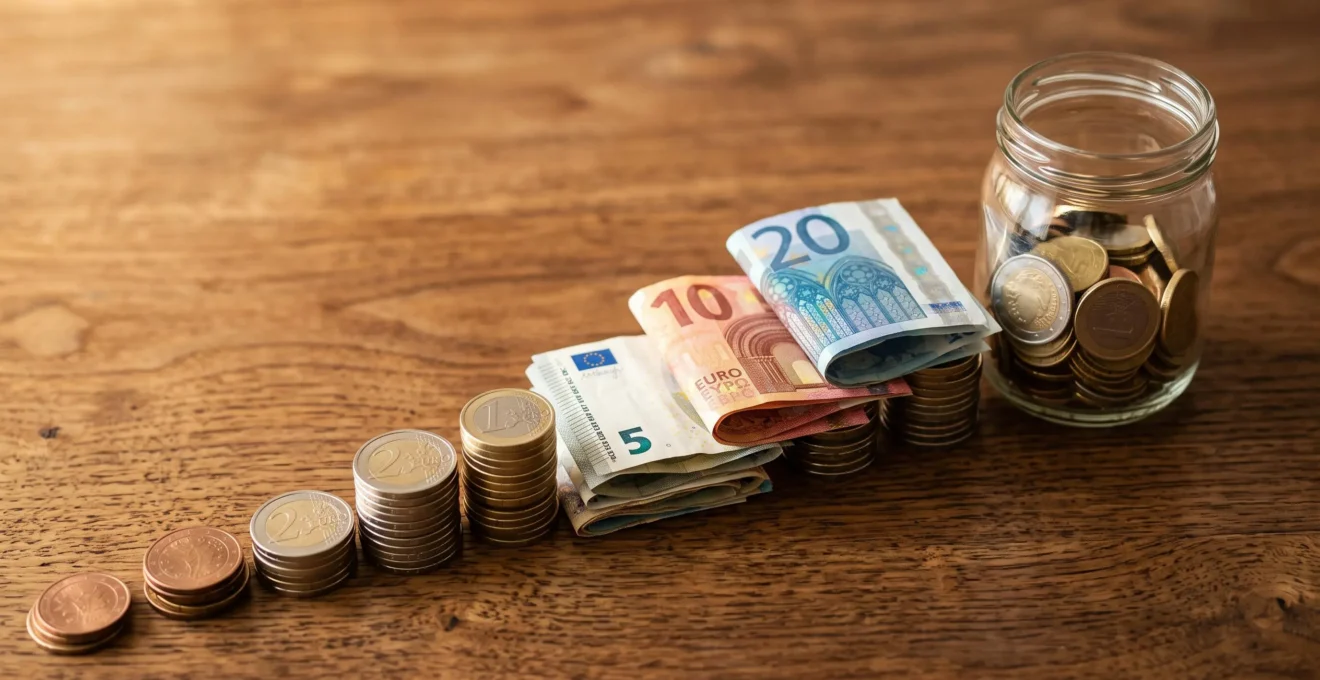 Pièces et billets d'euros organisés en piles croissantes symbolisant la constitution progressive d'une réserve d'épargne disponible