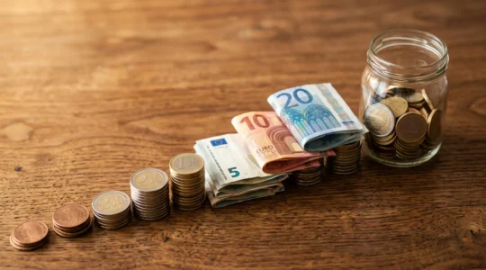 Pièces et billets d'euros organisés en piles croissantes symbolisant la constitution progressive d'une réserve d'épargne disponible