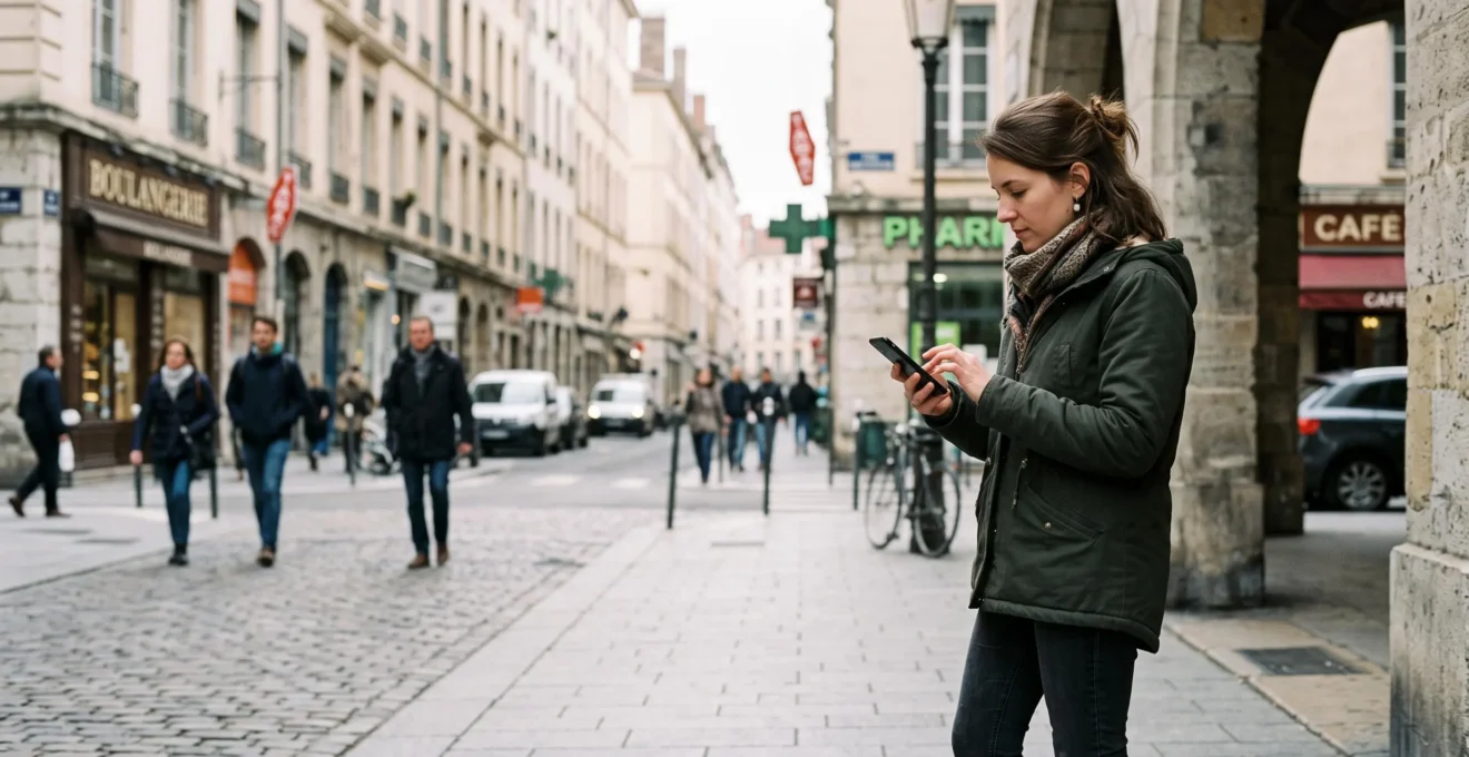 Une personne consulte son application bancaire mobile sur son smartphone en extérieur dans un environnement urbain français