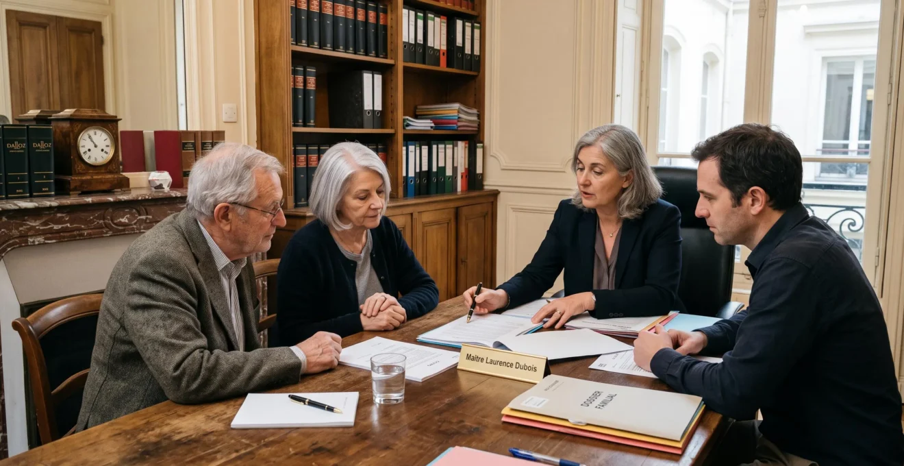 Notaire français en consultation avec une famille autour d'une table pour planifier une transmission de patrimoine