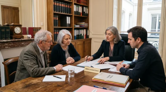 Notaire français en consultation avec une famille autour d'une table pour planifier une transmission de patrimoine