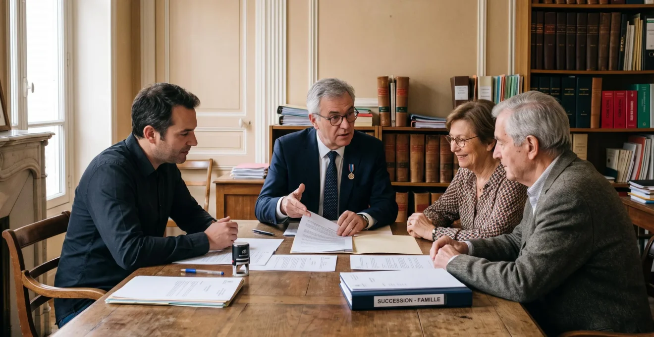 Notaire français en consultation avec une famille autour d'une table pour planifier une transmission de patrimoine