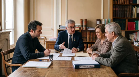 Notaire français en consultation avec une famille autour d'une table pour planifier une transmission de patrimoine