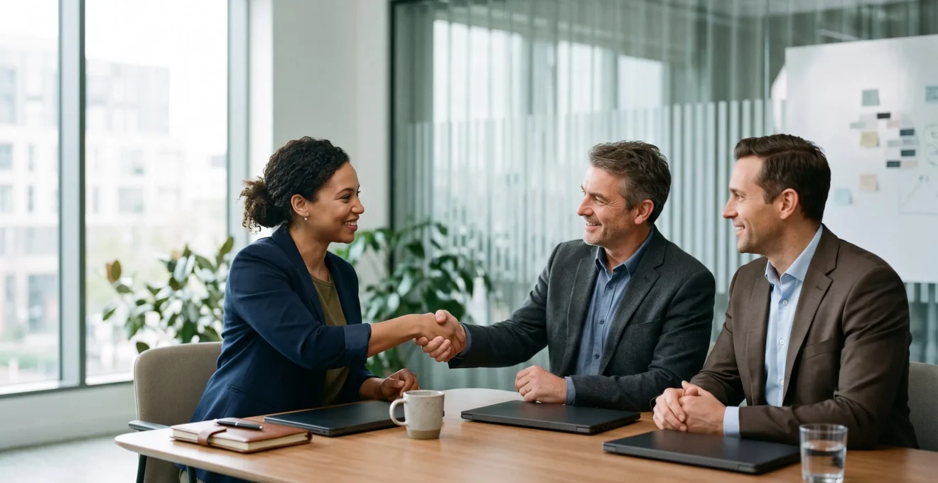 Un entrepreneur et des investisseurs échangent une poignée de main dans une salle de réunion lumineuse, symbolisant la confiance entre porteur de projet et investisseurs