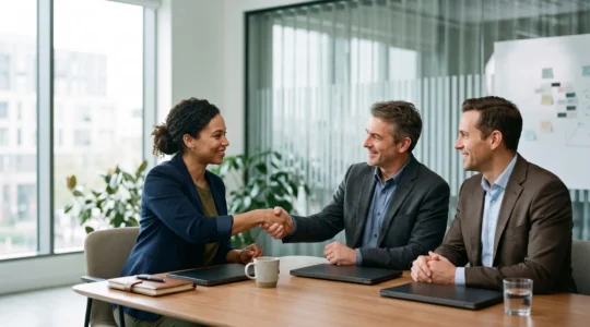 Un entrepreneur et des investisseurs échangent une poignée de main dans une salle de réunion lumineuse, symbolisant la confiance entre porteur de projet et investisseurs