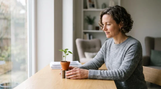 Une personne observe sereinement la croissance de son épargne représentée par une plante germant depuis des piles de pièces, symbole de l'investissement patient en actions