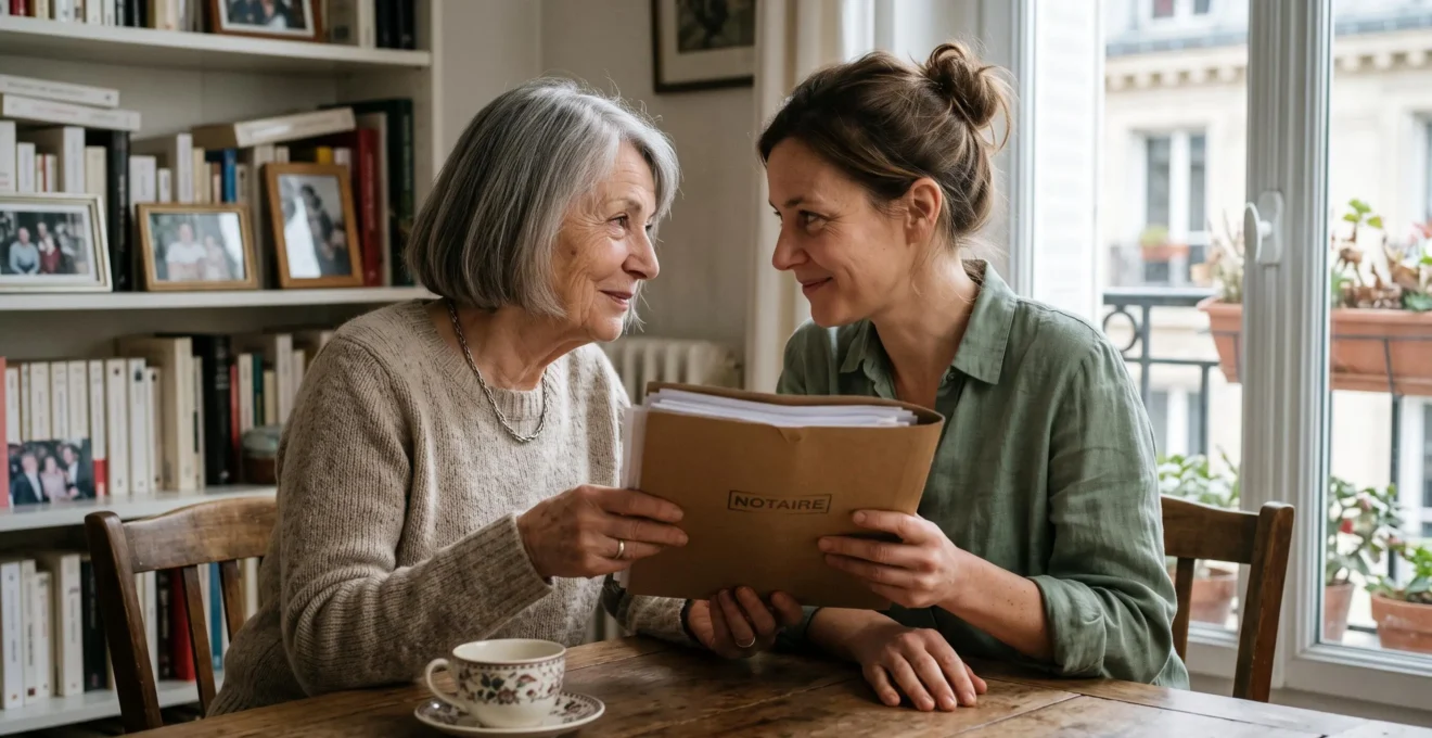 Parent senior remettant des documents à son enfant adulte dans un intérieur familial français