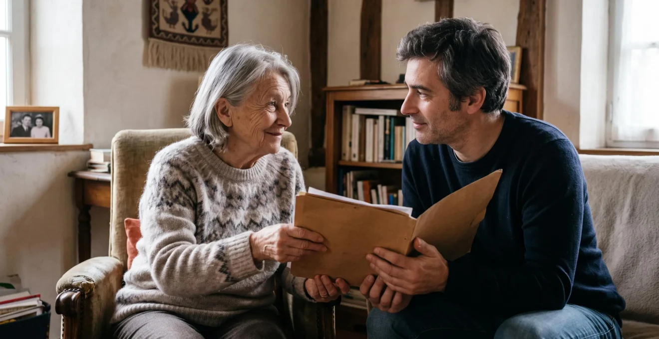 Parent senior remettant des documents à son enfant adulte dans un intérieur familial français