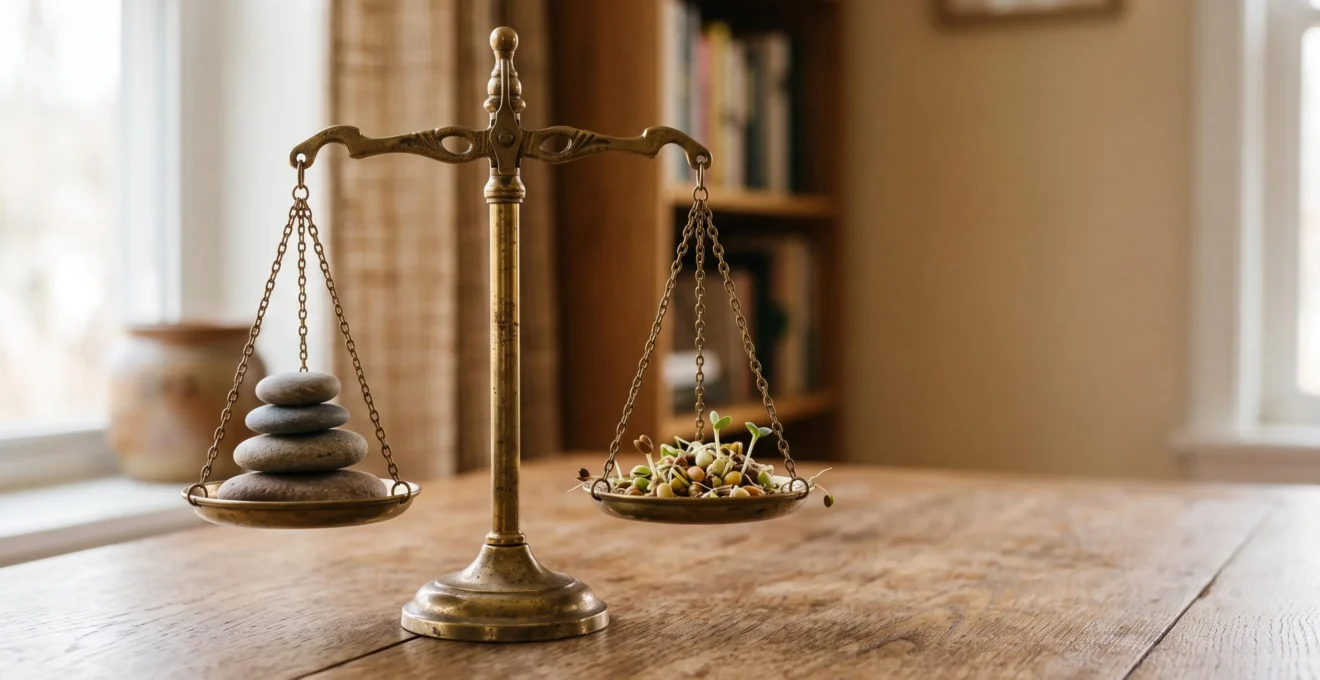 Photographie symbolique d'une balance en equilibre entre securite et performance illustrant le choix d'un objectif de rendement annuel