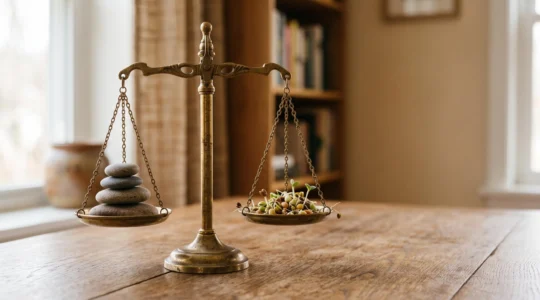 Photographie symbolique d'une balance en equilibre entre securite et performance illustrant le choix d'un objectif de rendement annuel