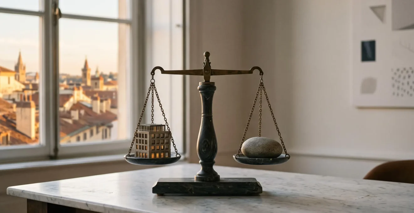 Photographie editoriale symbolisant l'equilibre entre securite du capital et performance immobiliere d'un fonds euros