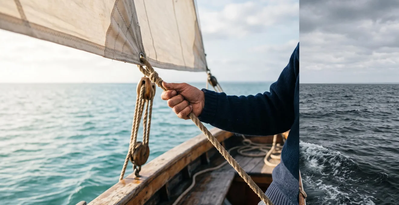 Une main ajuste la voile d'un voilier qui traverse a la fois une mer calme et une zone d'eaux agitees, symbole de l'adaptabilite d'un fonds flexible face aux marches financiers