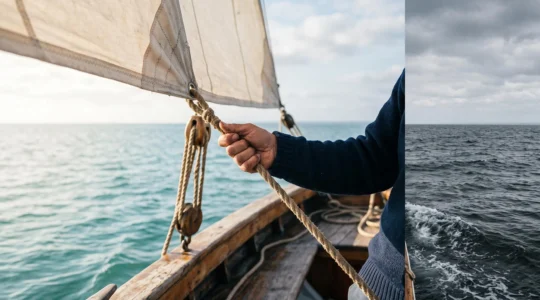 Une main ajuste la voile d'un voilier qui traverse a la fois une mer calme et une zone d'eaux agitees, symbole de l'adaptabilite d'un fonds flexible face aux marches financiers