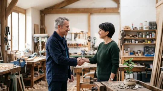 Un investisseur particulier examine une maquette symbolisant la croissance d'une PME française, entre soutien à l'économie réelle et avantage fiscal