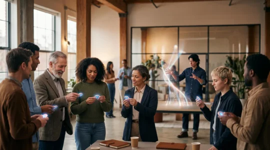Entrepreneur présentant son projet à un groupe d'investisseurs particuliers réunis autour d'une table, symbolisant une levée de fonds en crowdequity