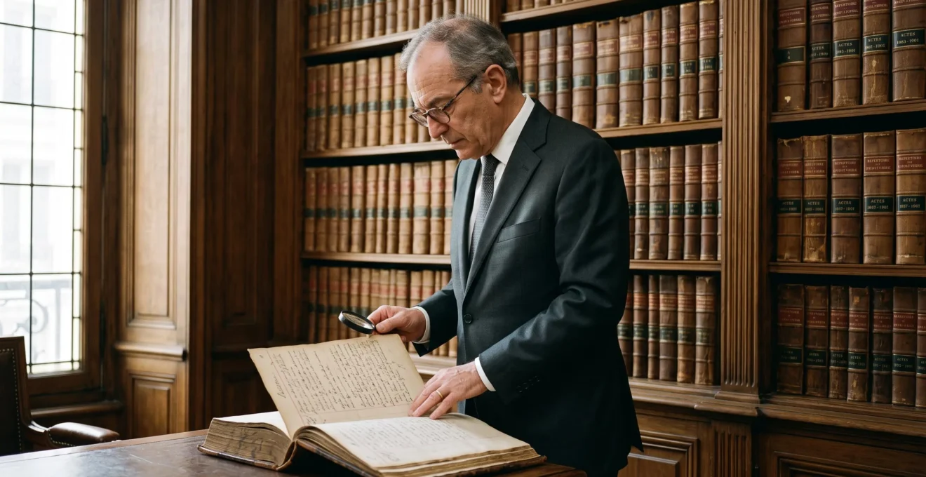 Notaire consultant des registres officiels dans une bibliothèque juridique d'une étude notariale française