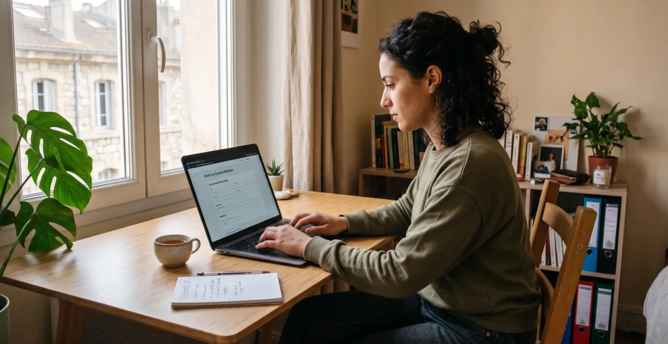 Une personne remplit un formulaire d'ouverture de compte bancaire en ligne sur un ordinateur portable dans son logement en France