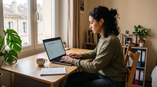 Une personne remplit un formulaire d'ouverture de compte bancaire en ligne sur un ordinateur portable dans son logement en France