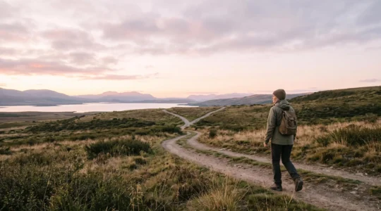 Un chemin lumineux traversant un paysage minimaliste au lever du jour, symbolisant une stratégie de placement construite sur les dix prochaines années