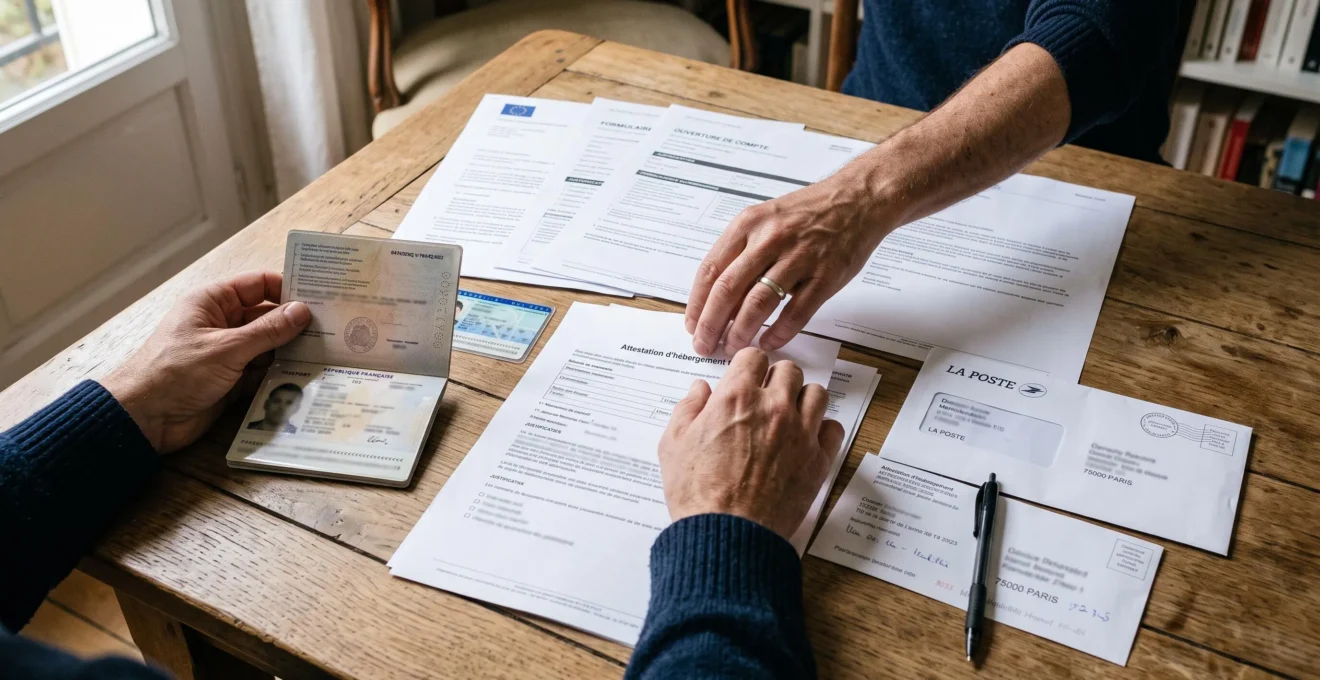 Des mains organisent des documents administratifs sur une table, dont un passeport et des justificatifs, pour préparer un dossier d'ouverture de compte bancaire