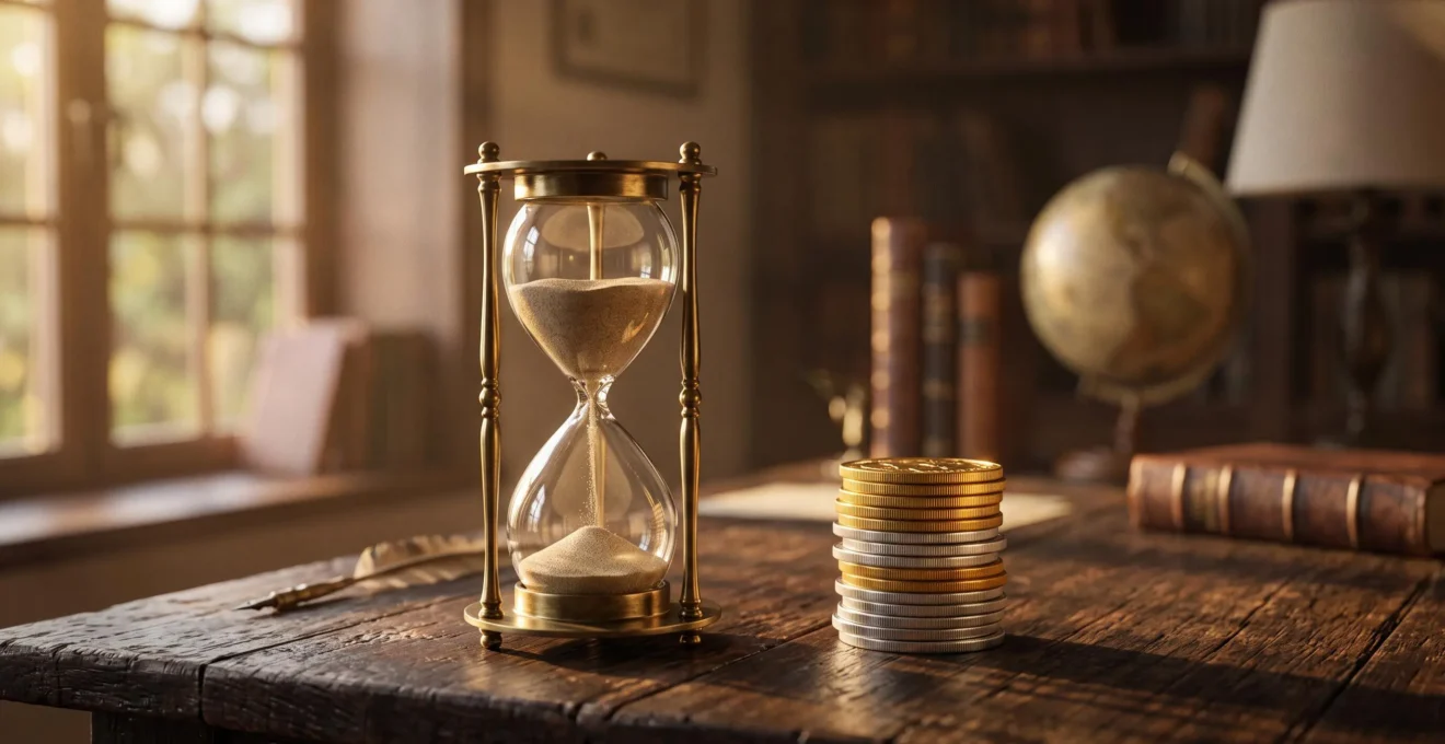 Sablier et pièces de monnaie illuminés par une lumière dorée, symbolisant la patience fiscale et la croissance d'un capital en assurance-vie