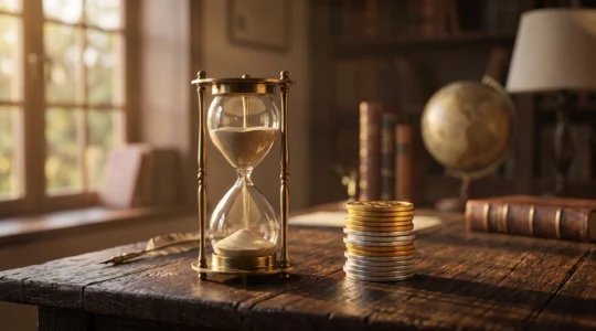 Sablier et pièces de monnaie illuminés par une lumière dorée, symbolisant la patience fiscale et la croissance d'un capital en assurance-vie