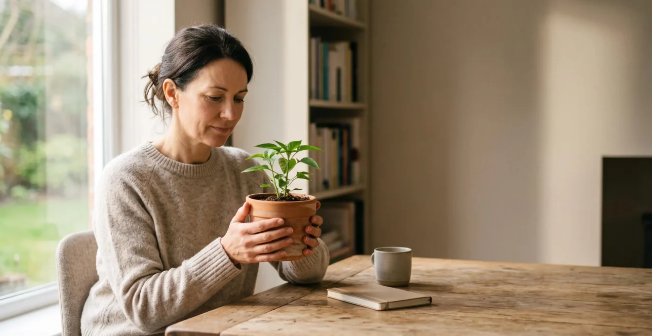 Personne songeuse tenant une petite plante en pleine croissance dans la lumière douce d'un bureau, symbolisant la construction progressive d'un patrimoine défiscalisé