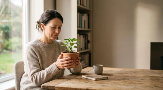 Personne songeuse tenant une petite plante en pleine croissance dans la lumière douce d'un bureau, symbolisant la construction progressive d'un patrimoine défiscalisé