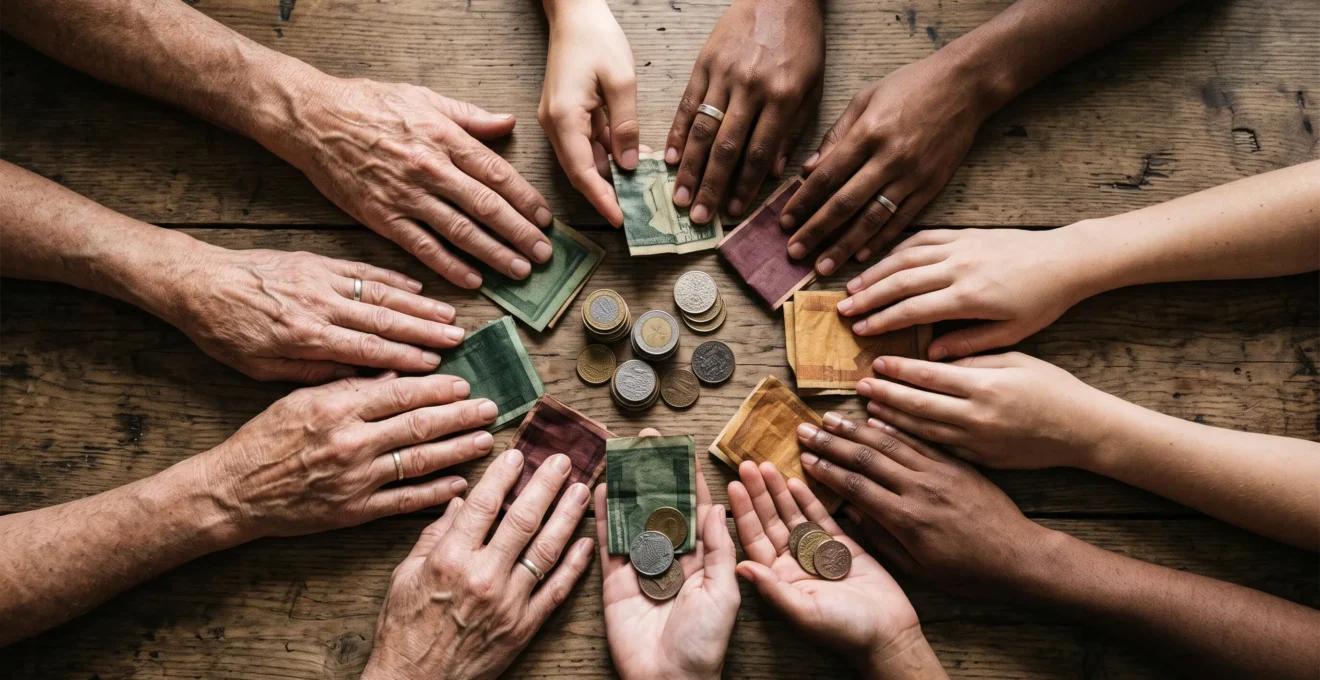 Illustration symbolique d'un reseau de mains reliees representant le financement participatif entre particuliers et emprunteurs