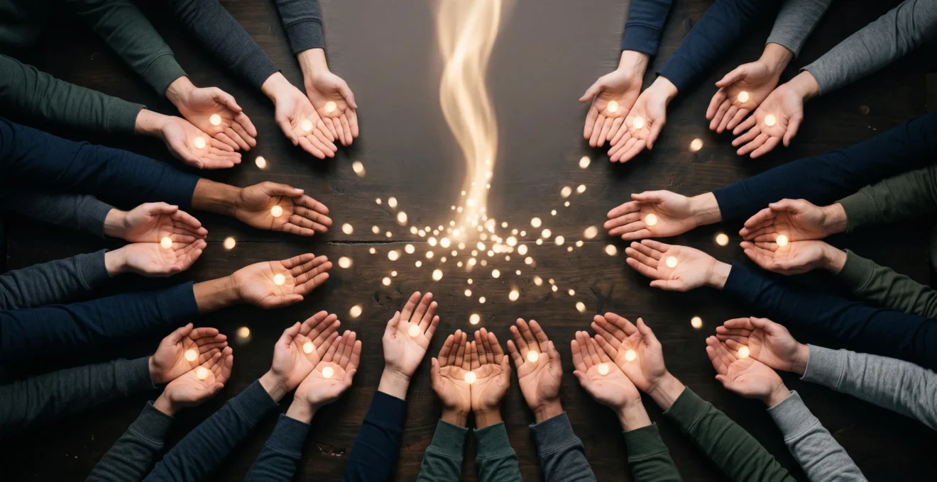 Mains multiples déposant des pièces de lumière dans un récipient transparent symbolisant une collecte de fonds participative
