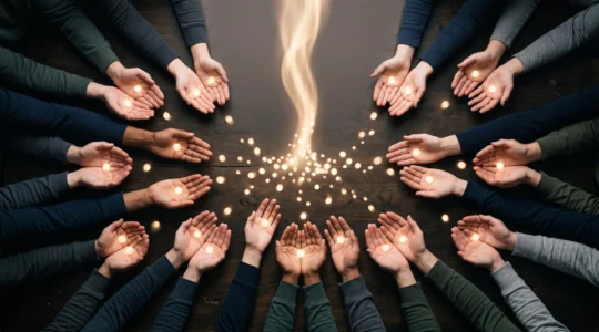 Mains multiples déposant des pièces de lumière dans un récipient transparent symbolisant une collecte de fonds participative