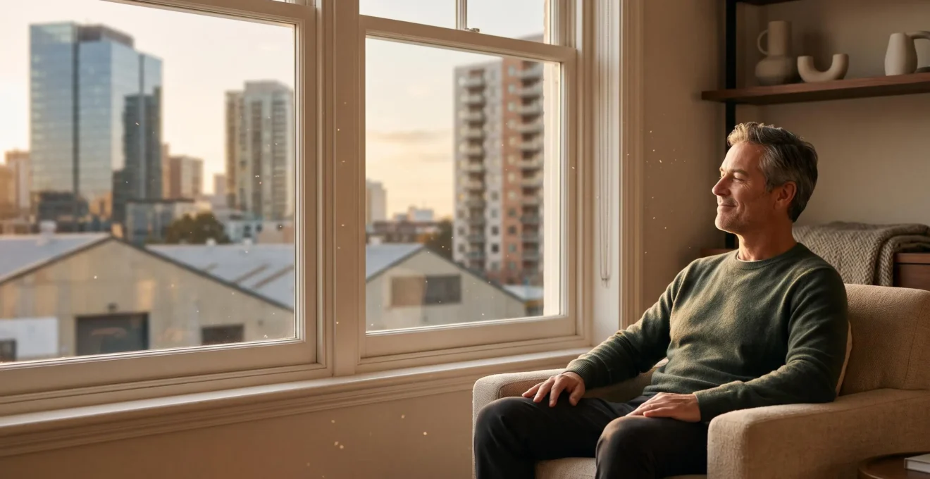 Personne détendue près d'une fenêtre baignée de lumière dorée, symbolisant un revenu immobilier passif généré sans gestion locative directe