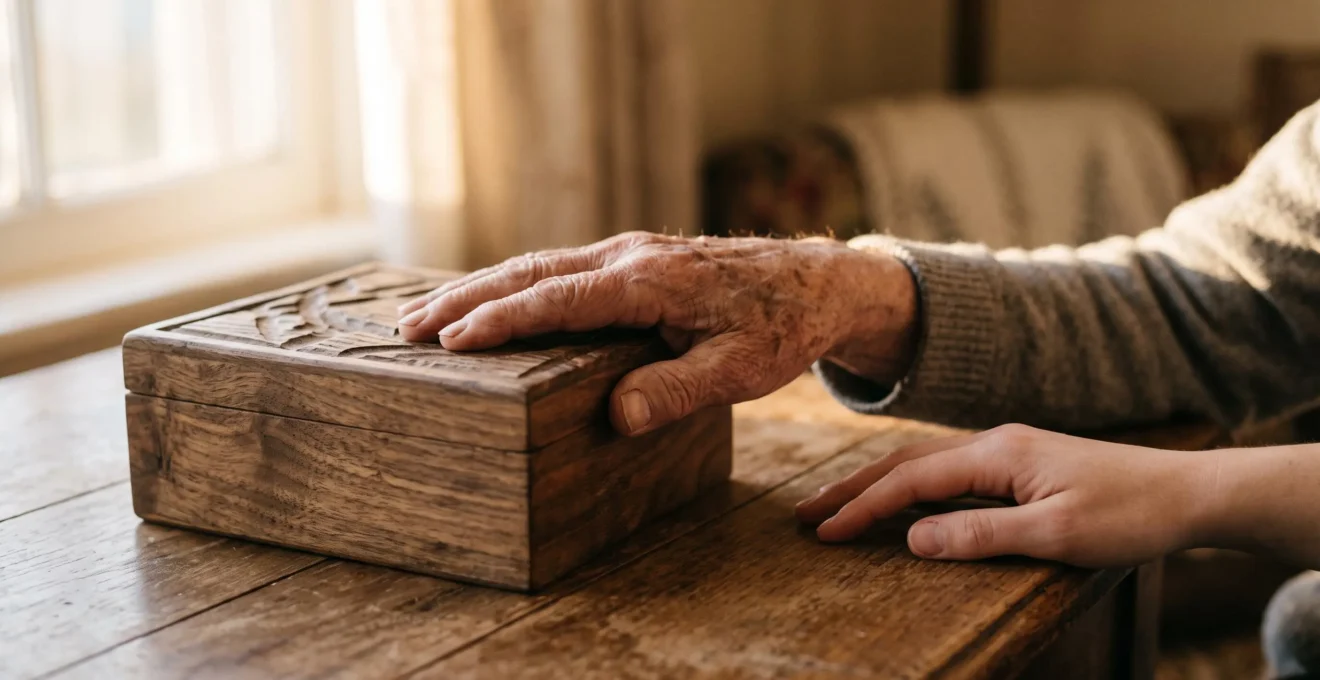 Une main de senior posee sur un coffret symbolisant la transmission patrimoniale via l'assurance-vie apres 70 ans