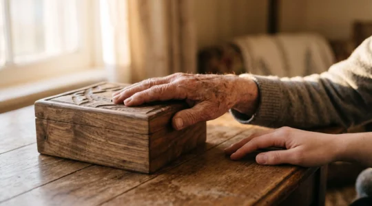 Une main de senior posee sur un coffret symbolisant la transmission patrimoniale via l'assurance-vie apres 70 ans