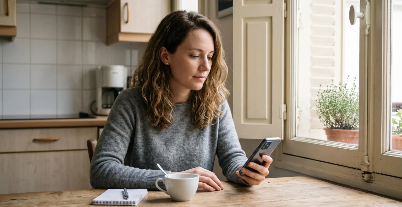 Femme française d'une trentaine d'années assise à sa table de cuisine, consultant une application bancaire sur son smartphone pour vérifier un virement programmé de 100 euros, lumière matinale douce.