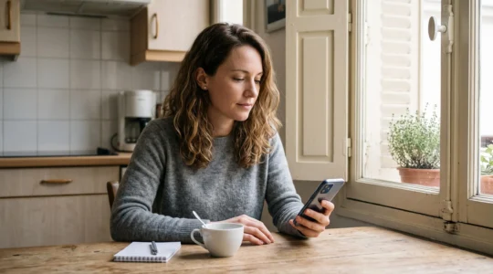 Femme française d'une trentaine d'années assise à sa table de cuisine, consultant une application bancaire sur son smartphone pour vérifier un virement programmé de 100 euros, lumière matinale douce.