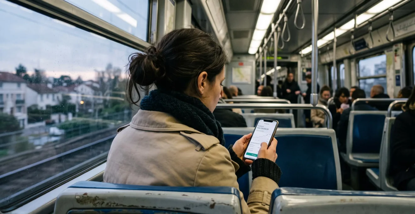 Femme assise dans un train RER parisien, consultant son portefeuille d'investissement sur son téléphone pendant le trajet, paysage suburbain flou en arrière-plan.
