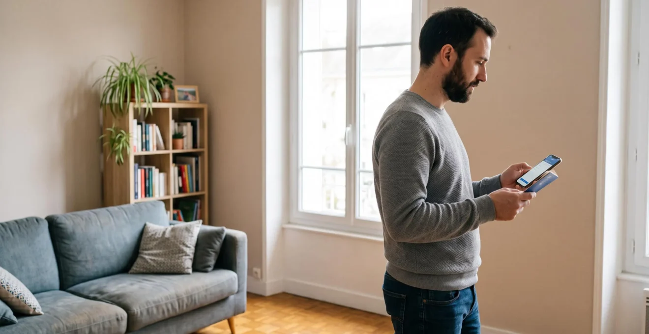 Homme français debout près d'une fenêtre dans son salon, comparant les informations de son livret A bleu avec son téléphone portable.