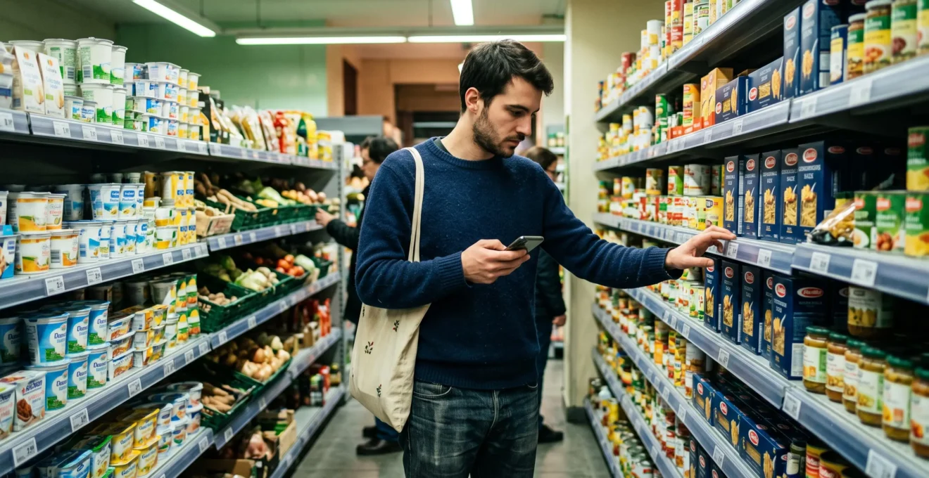Jeune homme dans un supermarché de quartier en France, comparant les prix en rayon tout en consultant son smartphone, un sac de courses réutilisable à l'épaule.